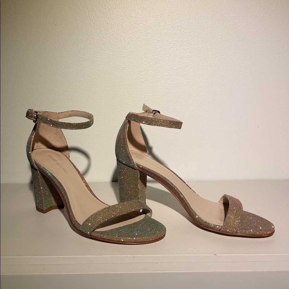 Stuart Weitzman Iridescent Gold-Glitter Ankle-Strap Block Heels. Sz 6.5. NWOB - Picture 3 of 9